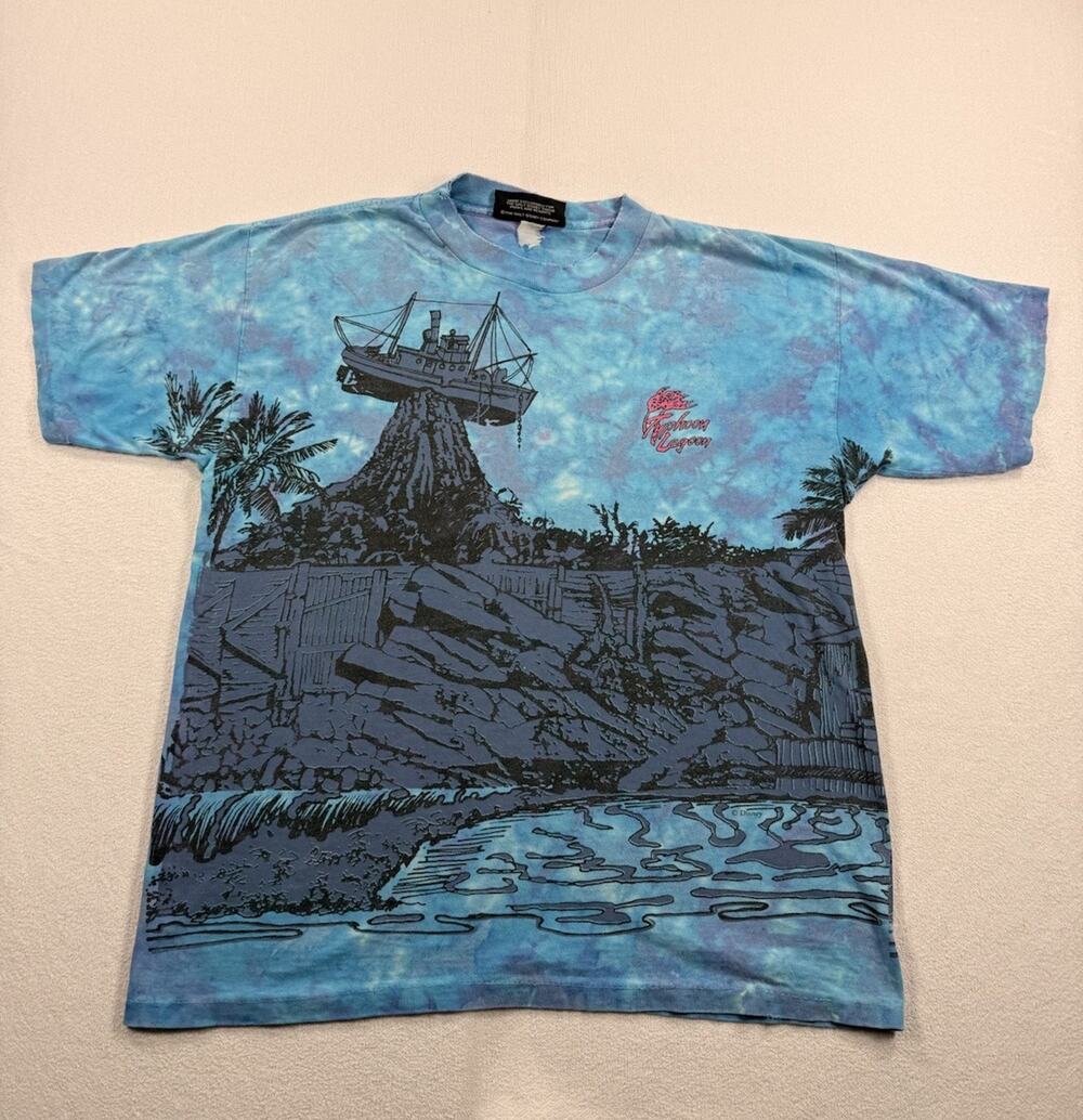 Vintage 90’s Disney Typhoon Lagoon All Over Print Blue Tee Shirt Size Large